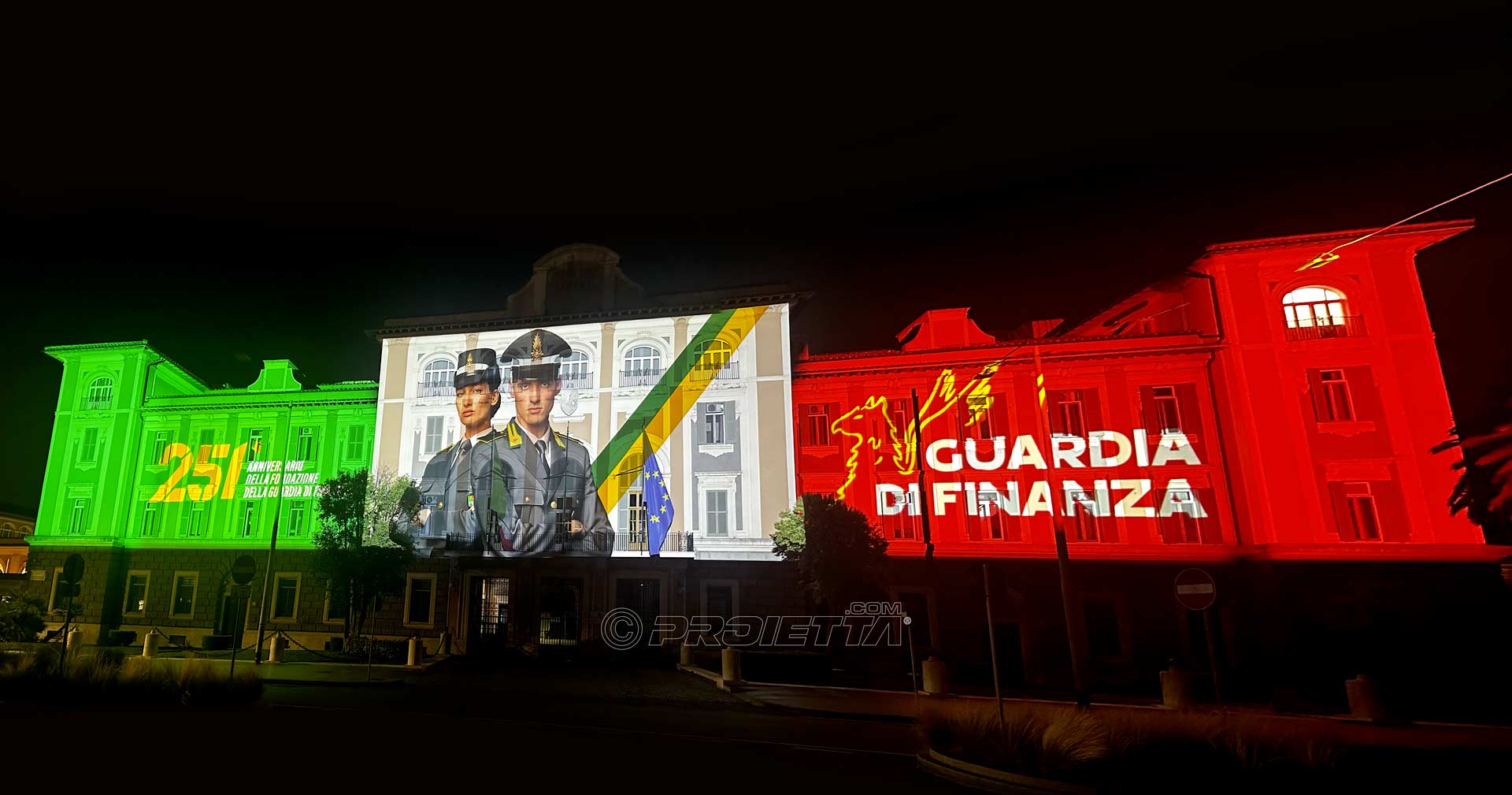 Architectural projections celebrating the anniversary of the Guardia di Finanza
