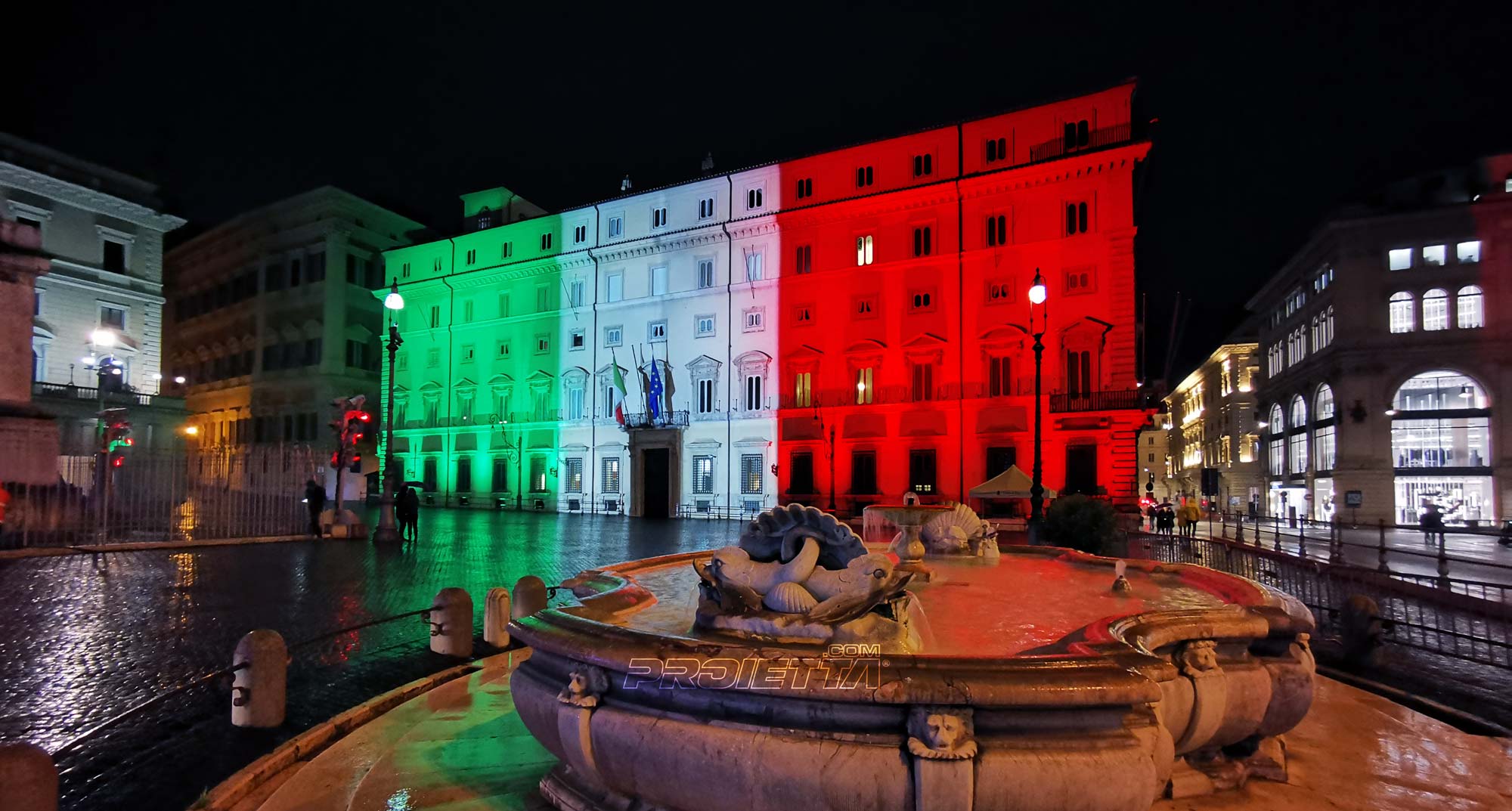 Projection of the Italian flag at Palazzo Chigi - Rome